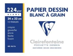 Clairefontaine Dessin à Grain - Pochette Papier à Dessin - 12 Feuilles - 24 X 32 Cm - 224 Gr - Blanc